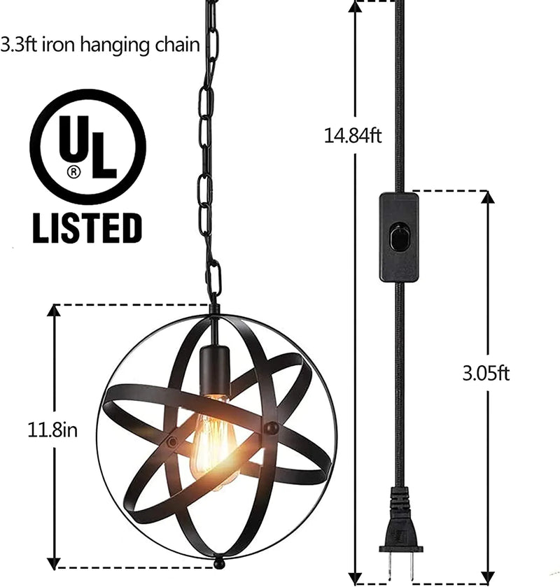 Plug in Pendant Light, Asnxcju Industrial Hanging Lights with Plug in Cord Metal Globe Vintage Pendant Light Fixture with 14.8Ft Cord and On/Off Switch for Living Room, Kitchen, 1 Pack, UL Listed Home & Garden > Lighting > Lighting Fixtures Asnxcju   