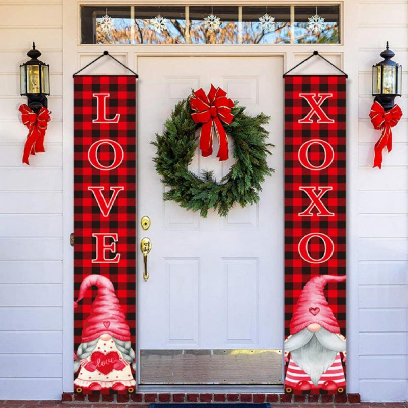 Keimprove Valentine'S Day Porch Sign Gnome Valentine'S Day Banner Black and Red Buffalo Check Plaid Valentine Decor Outdoor Front Porch Door Yard Welcome Sign Home & Garden > Decor > Seasonal & Holiday Decorations Keimprove   