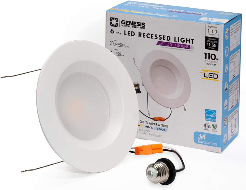 Mw 6 Inch 5 Selectable Color Temperature LED Downlight Retrofit with Smooth Trim, 2700/3000/3500/4000/5000K, Dimmable, 75W Incandescent Equal, 1100LM, Energy Star (1 Pack) Home & Garden > Lighting > Flood & Spot Lights MW LIGHTING 1 Count (Pack of 1)  