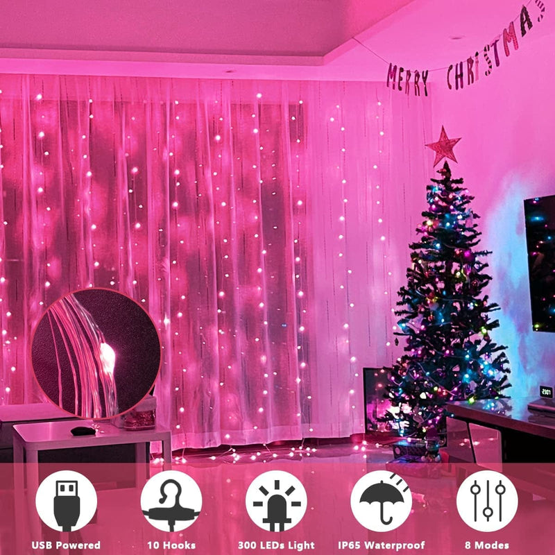 Fairy Curtain Lights for Bedroom 300 LED,SUWITU Christmas String Lights USB Plug in 8 Modes Wall Hanging Twinkle Lights with Remote Control for In/Outdoor Wedding Party Backdrop Xmas Decor(9.8X9.8Ft) Home & Garden > Lighting > Light Ropes & Strings SUWITU Pink 9.8x9.8FT 