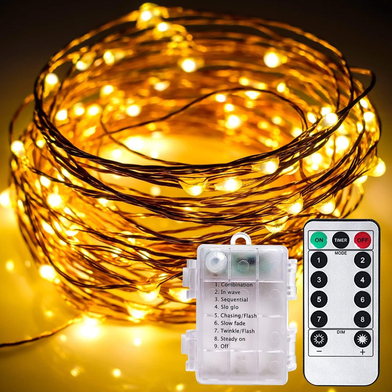 Fairy Lights 33Ft 100 LED Battery Operated String Lights with 8 Modes Remote Timer Outdoor Waterproof Warm White Copper Wire Twinkle Lights for Bedroom, Dorm, Patio, Christmas, Party, Indoor