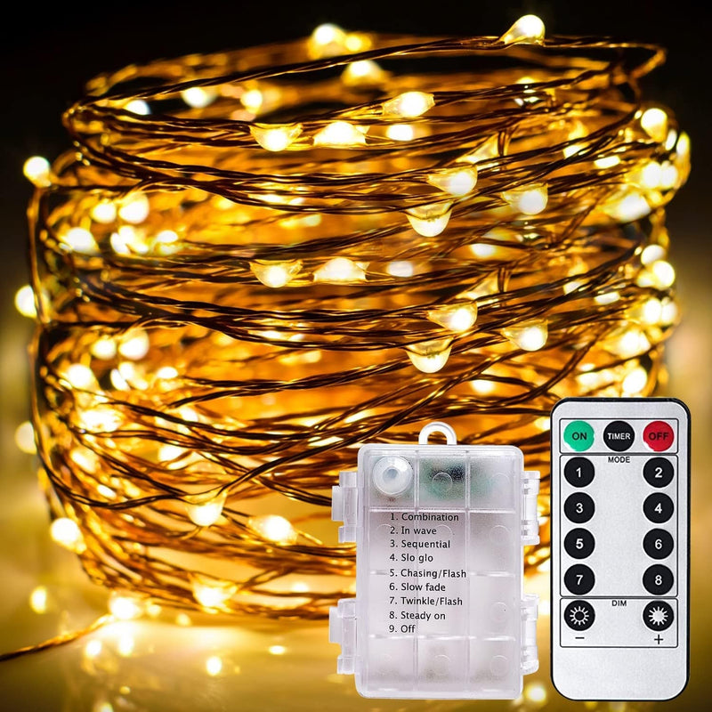 Fairy Lights 33Ft 100 LED Battery Operated String Lights with 8 Modes Remote Timer Outdoor Waterproof Warm White Copper Wire Twinkle Lights for Bedroom, Dorm, Patio, Christmas, Party, Indoor Home & Garden > Lighting > Light Ropes & Strings yietNL Warm White - 66Ft 200 LED  