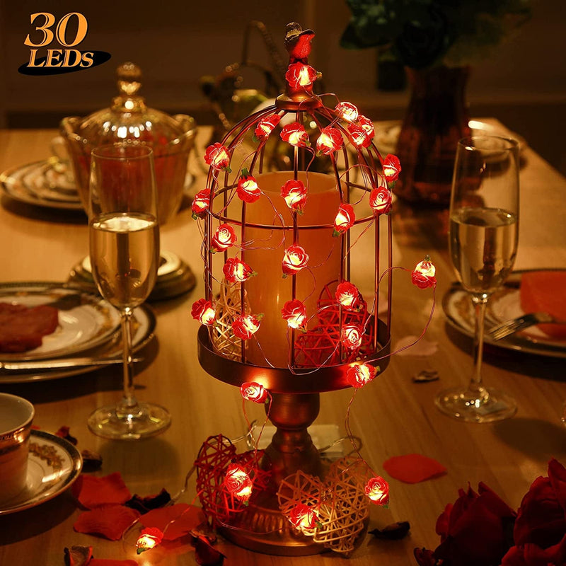 Fairy Romantic Red Rose String Lights, 30 LED 10 Ft Valentine'S Day Flowers Window Lights with Timer, Cute Wedding Anniversary Birthday Party Decoration Battery Operated for Bedroom Outdoor