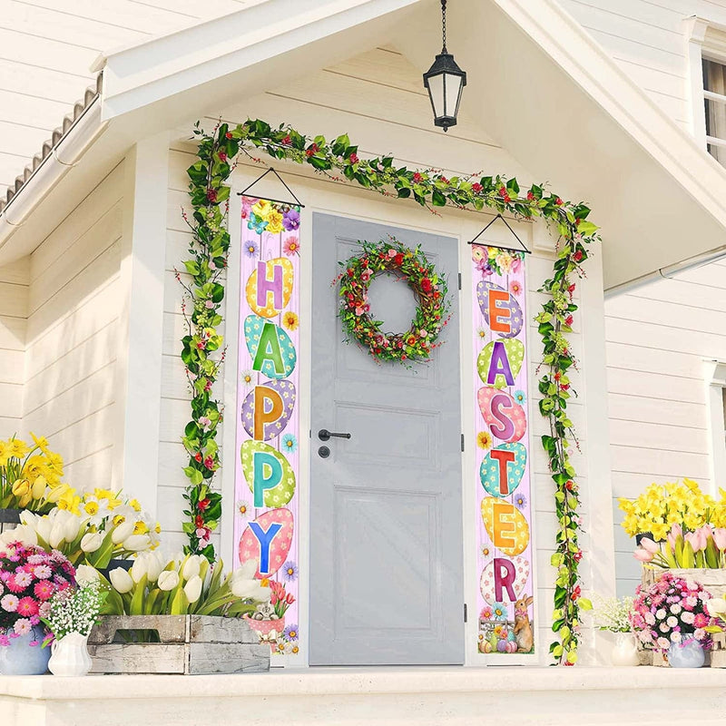 FARMNALL Easter Porch Banner Bunny Egg Rabbit Daisy Party Front Door Sign Wall Hanging Spring Decorations and Supplies for Home Office Farmhouse Holiday Decor Home & Garden > Decor > Seasonal & Holiday Decorations FARMNALL   