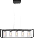FIMITECH Chandeliers 5-Light Modern Rectangle Dining Room Lighting, Farmhouse Ceiling Light Kitchen Island Cage Pendant Lights and Adjustable Rods Fixtures Hanging with 5 Glass Shade (Black) Home & Garden > Lighting > Lighting Fixtures > Chandeliers FIMITECH Black  