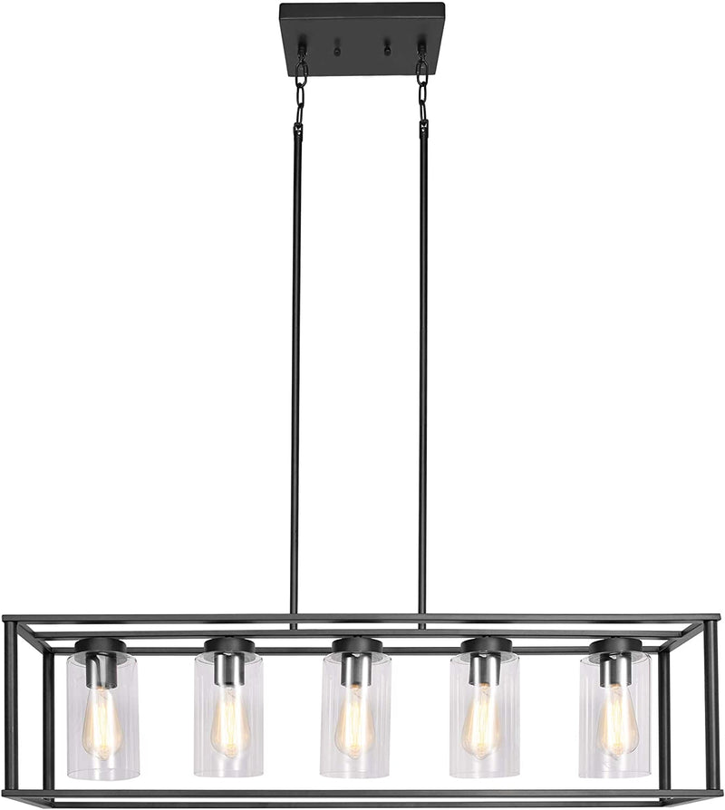 FIMITECH Chandeliers 5-Light Modern Rectangle Dining Room Lighting, Farmhouse Ceiling Light Kitchen Island Cage Pendant Lights and Adjustable Rods Fixtures Hanging with 5 Glass Shade (Black) Home & Garden > Lighting > Lighting Fixtures > Chandeliers FIMITECH Black  