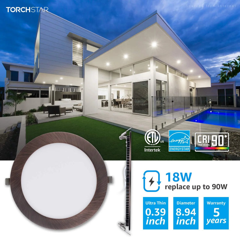TORCHSTAR 8 Inch LED Recessed Lighting with Junction Box 18W, CRI90+, Dimmable Ultra Thin Slim Panel Downlight, 4000K Cool White, Oil Rubbed Bronze, ETL & Energy Star Listed, Pack of 6