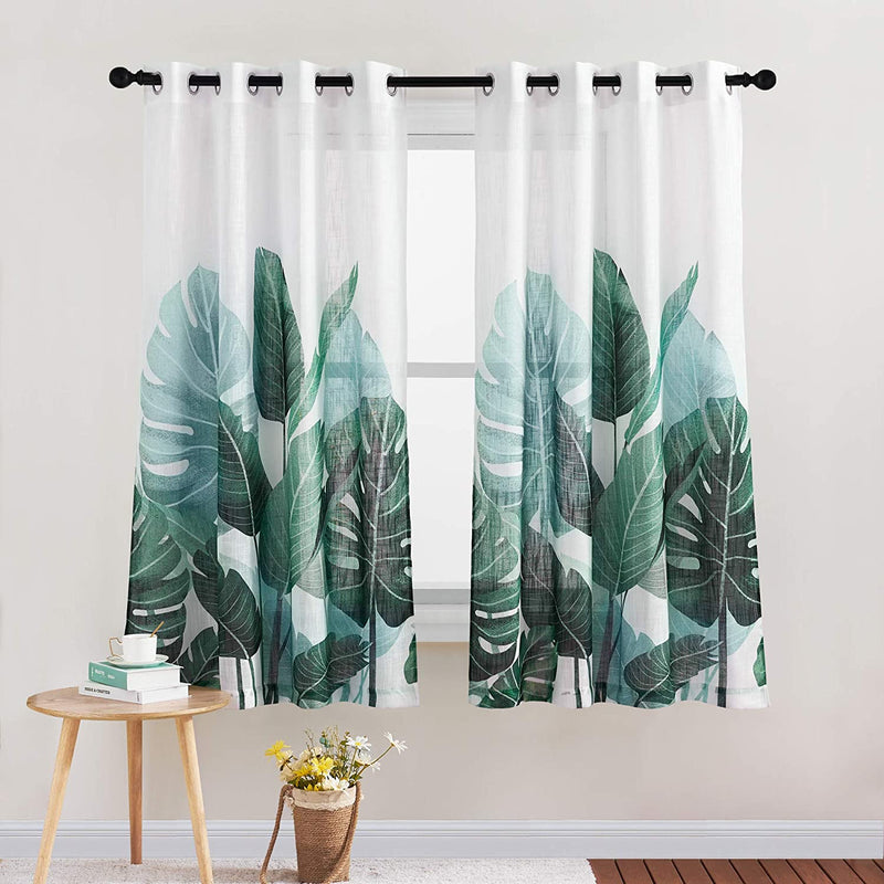 KGORGE Sheer Curtains 84 Inch Length - Crossweave Semi Sheer Curtains Tropical Leaves Pattern Half Translucent Window Drapes for Bedroom Living Room French Door, 2 Panels, W 50 X L 84 Home & Garden > Decor > Window Treatments > Curtains & Drapes KGORGE Linen W50 x L63 | Pair 