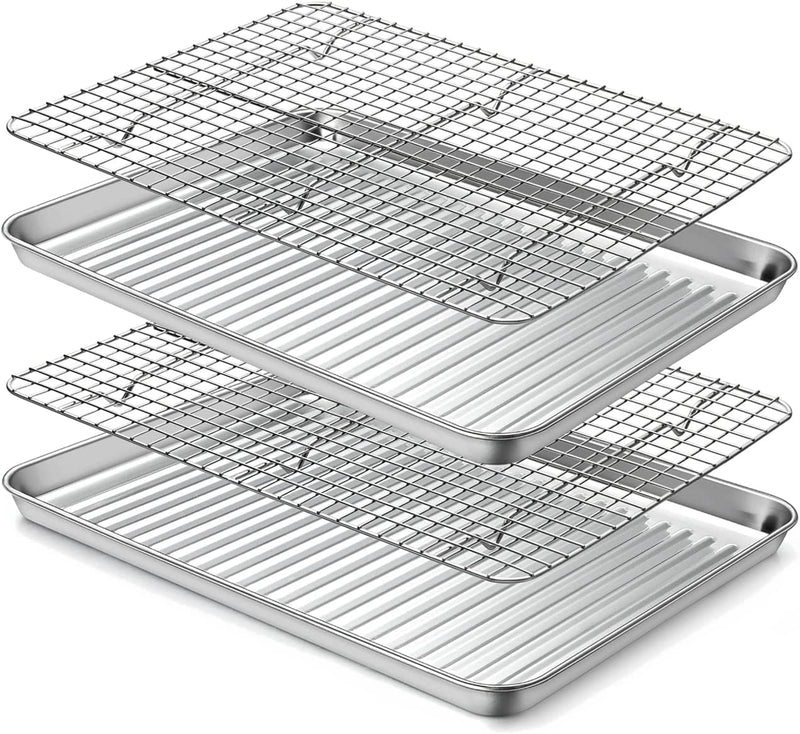 Stainless Steel Baking Sheet with Rack Set [2 Pans + 2 Racks], Cookie Sheet with Cooling Rack, Size 18 X 13 X 1 Inch, Non Toxic & Heavy Duty & Easy Clean (18 X 13 X 1 Inch)