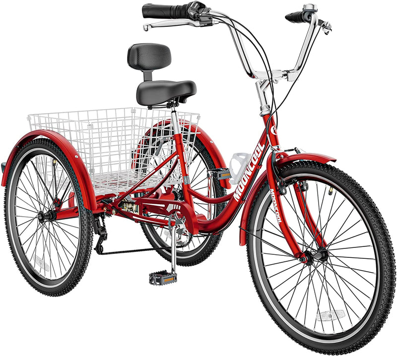 H&ZT Tricycle for Adults, 3 Wheeled Bikes for Adults，Trike Cruiser Bike, W/Large Basket & Maintenance Tools & Shimano Derailleur & Parking Brake Handle Sporting Goods > Outdoor Recreation > Cycling > Bicycles H&ZT Cruiser > wine red 24" Cruiser 
