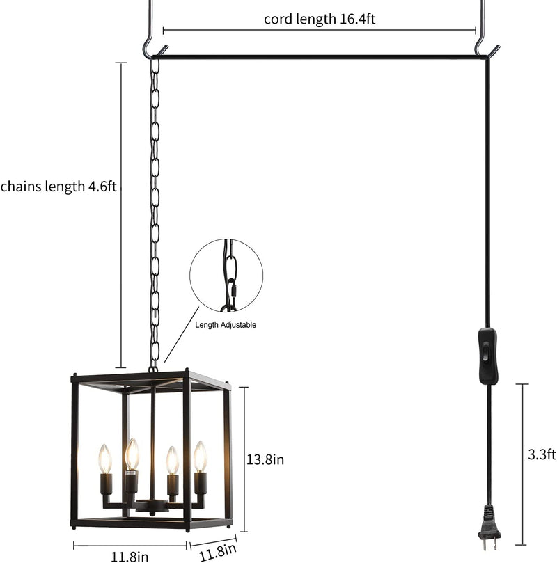 Jacklove 4-Light Plug in Chandelier Farmhouse Industrial Black Metal Cage Plug in Pendant Light with 16.4Ft Cord,On/Off Switch,Ceiling Hanging Light for Kitchen Island Dining Room Foyer,Ul Listed Home & Garden > Lighting > Lighting Fixtures > Chandeliers JackLove   