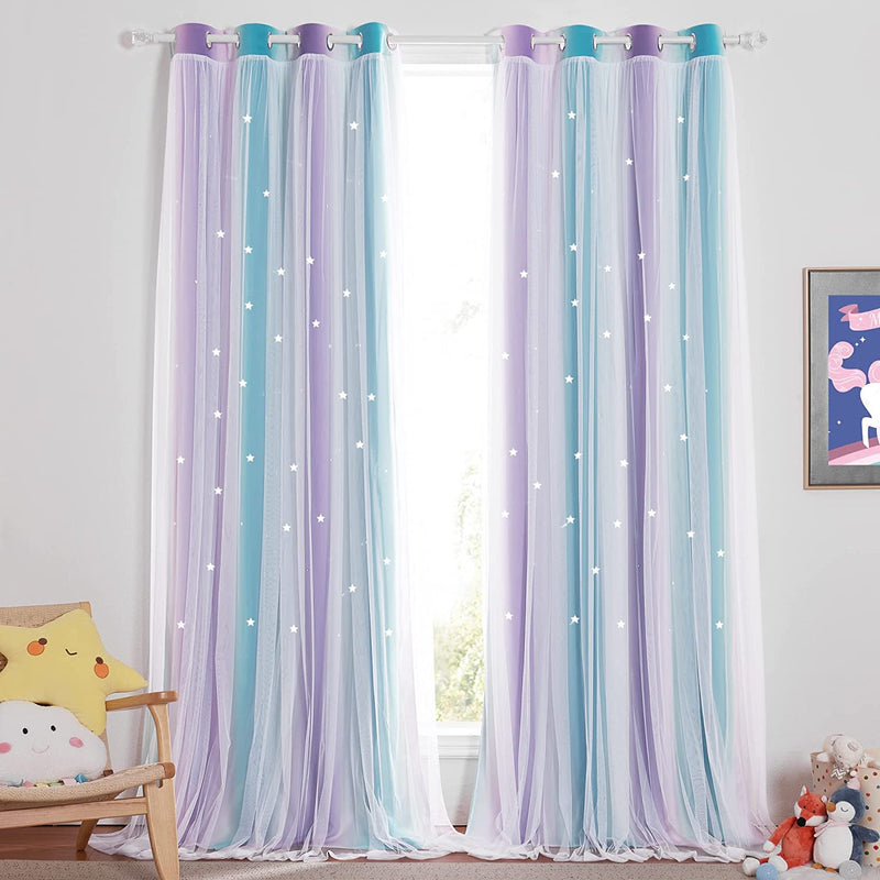 NICETOWN Stars and Moon Hollow-Out Blackout Curtains for Kids Room / Nursery, Grommet Top 2 Layer Window Treatment Curtain Panels for Living Room / Thanksgiving (2-Pack, W52 X L84 Inches, Navy Blue) Home & Garden > Decor > Window Treatments > Curtains & Drapes NICETOWN Teal & Purple W52 x L63 