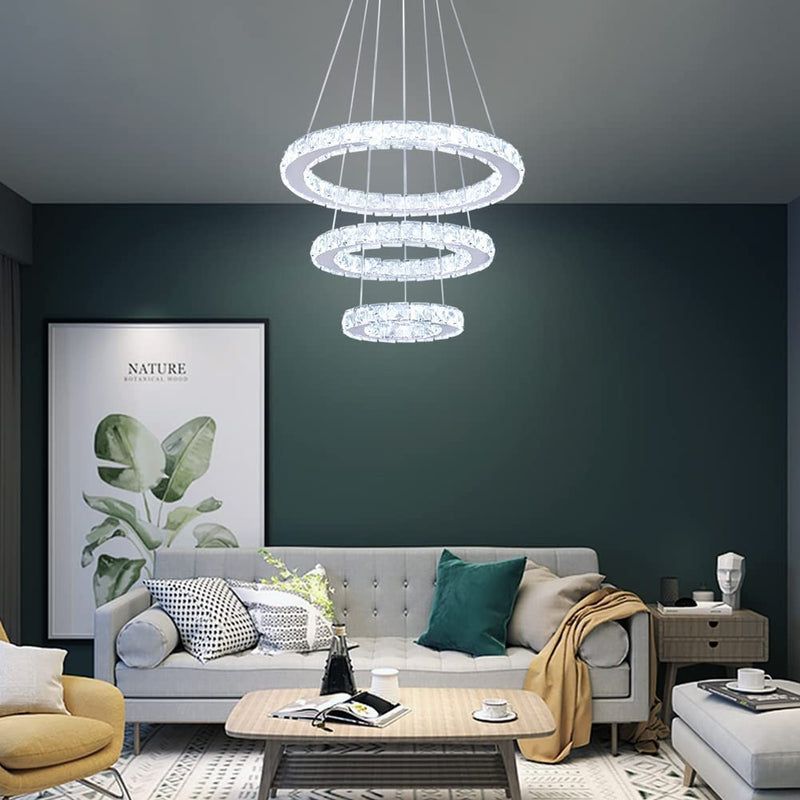 Winretro 3 Ring Modern LED Crystal Chandelier Light Fixtures round Pendant Lighting Stainless Steel Chrome Ceiling Lamp Hanging Lights for Living Room Dining Room Bedroom Kitchen Closet (Cold White) Home & Garden > Lighting > Lighting Fixtures > Chandeliers Winretro   