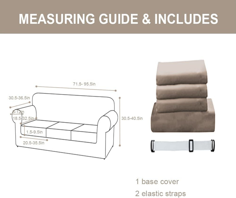 FY FIBER HOUSE Velvet Sofa Couch Cover for 3 Cushion Couch Sofa Covers for Living Room 4 Piece Plush Set Furniture Covers for Sofa Slipcover Stretch for Dogs, Taupe (71.5"-95.5")