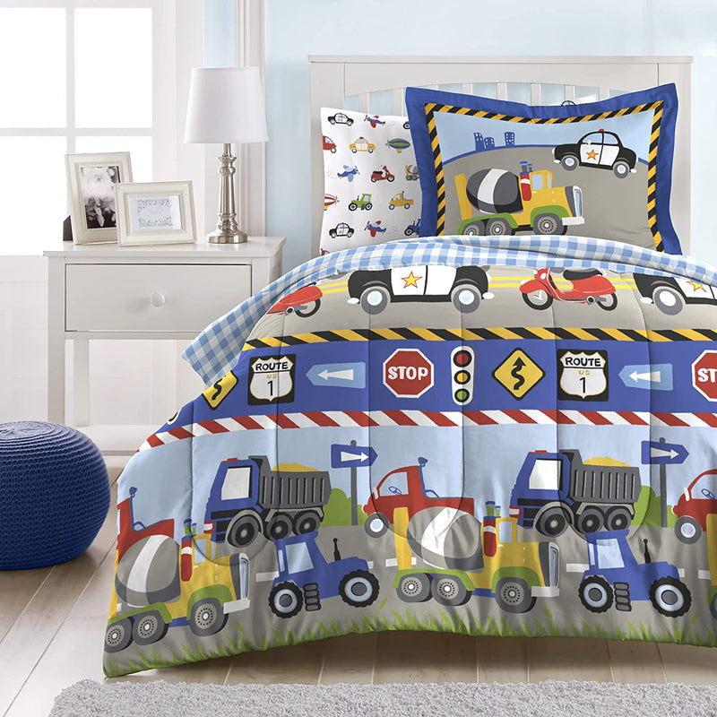 Dream FACTORY Trucks Tractors Cars Boys 5-Piece Bedding Comforter Sheet Set, Twin Blue Red Multi Home & Garden > Linens & Bedding > Bedding CHMJE   