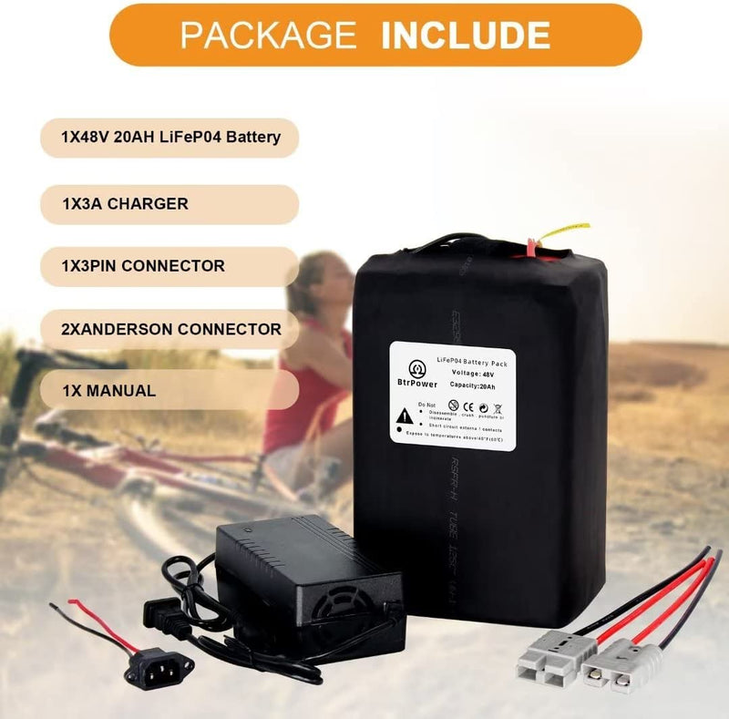 Btrpower Ebike Battery 48V 10AH 18AH 20AH 30AH 50AH Lithium Ion / Lifepo4 Battery Pack with 5A Charger,50A BMS for 300W-3000W Motor Sporting Goods > Outdoor Recreation > Cycling > Bicycles BtrPower   