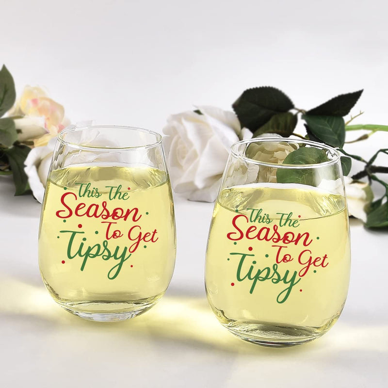 This the Season to Get Tipsy Christmas Stemless Wine Glass, Set of 4 Christmas Wine Glasses, Gift Ideas for Christmas Holiday Wedding, Funny Wine Glasses for Women Friends Men Family Wino, 15 Oz Home & Garden > Kitchen & Dining > Tableware > Drinkware Waipfaru   