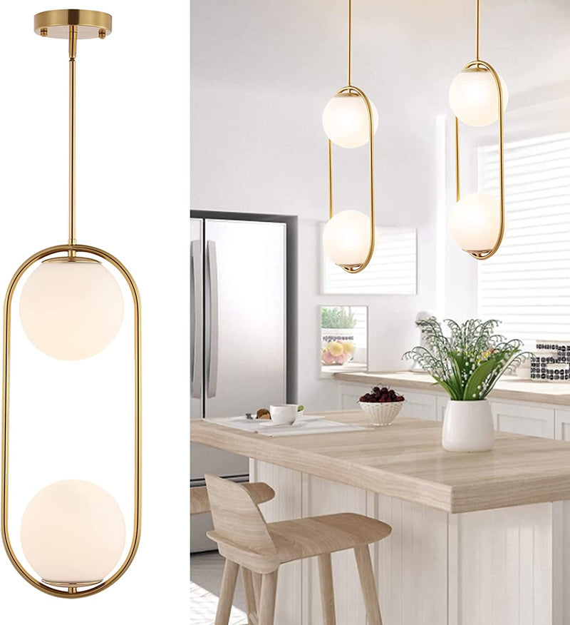 BYOLIIMA Modern Gold Globe Pendant Light Mid Century Chandelier 1-Light Brushed Brass Ceiling Hanging Lighting Fixture with White Globe Glass Lampshade for Kitchen Island Dining Room Bedroom (2 Pack) Home & Garden > Lighting > Lighting Fixtures BYOLIIMA Gold-2 Lights  