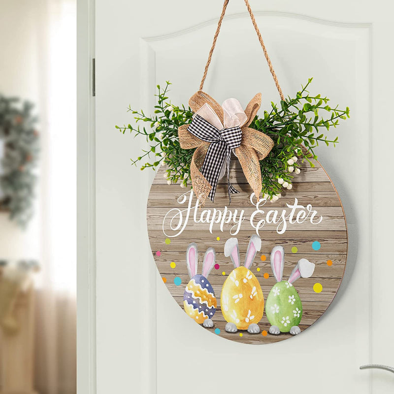 Happy Easter Wooden Hanging Sign Easter Colorful Eggs Bunny Sign Door Decoration Rustic Easter Wood Wreath Sign for Easter Spring Holiday Front Door Wall Rustic Farmhouse Porch Decor 12 X 12 Inch