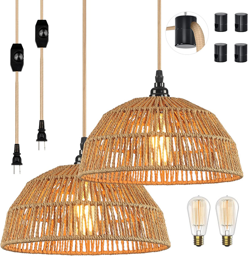 Plug in Pendant Light, Hanging Lights with 15Ft Golden Cotton Cord & Stepless Dimming Switch, Handwoven Hemp Rope Lampshade, Boho Hanging Lamp for Dining Room,Hallway (Bulb & 2 Swag Hooks Included) Home & Garden > Lighting > Lighting Fixtures Cinkeda Large- 2 Pack  