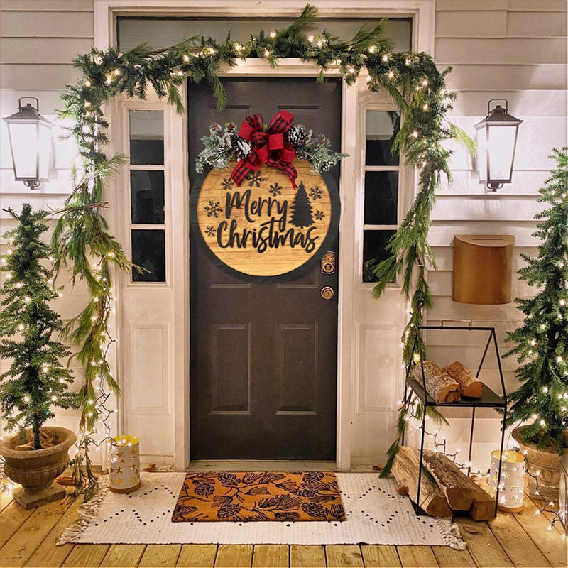 Merry Christmas Sign Christmas Red Buffalo Plaid Welcome Sign for Front Door Christmas Decoration Hanging Farmhouse Porch Christmas Decoration Outdoor Christmas Decor round Wood Sign