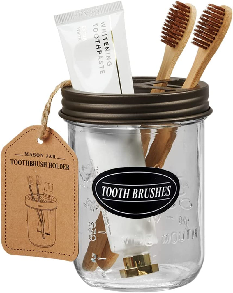 Mason Jar Toothbrush Holder -Bronze - with 16 Ounce Mason Jar,Premium Rustproof 304 Stainless Steel Lid and Chalkboard Labels - Rustic Farmhouse Decor Black Bathroom Accessories Sporting Goods > Outdoor Recreation > Winter Sports & Activities Andrew & Sarah's Boutique   