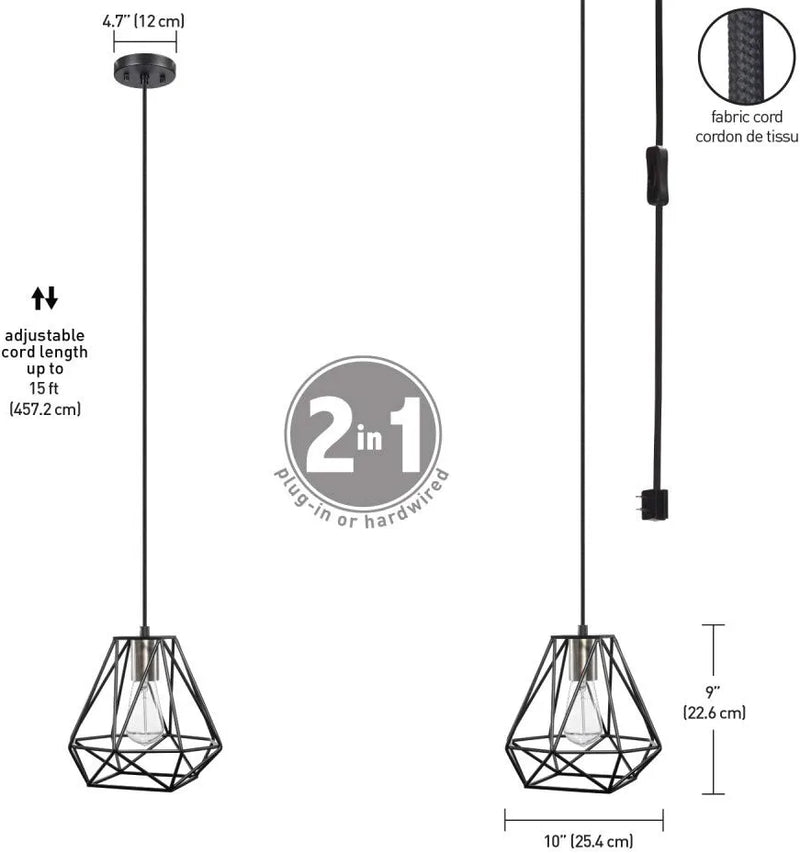 Globe Electric 60846 1-Light Plug-In or Hardwire Pendant Lighting, Dark Bronze, Antique Brass Accent Socket, Cage Shade, 15-Foot Black Fabric Cord, In-Line On/Off Switch, Pendant Lights Kitchen Island Home & Garden > Lighting > Lighting Fixtures Globe Electric   