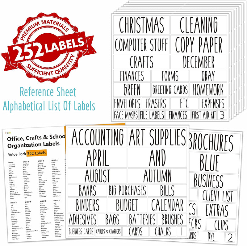 Hebayy 252 Transparent Office Crafts School Supplies Organization Labels, Waterproof Tear-Resistant No Residue Removal, 21 Blank Labels for DIY, Craft Stickers for Bins Baskets Folders