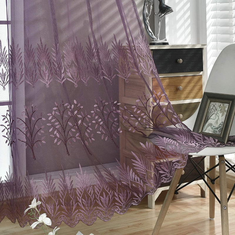 DONREN Luxury Brown Sheer Curtains for Living Room - Leaf Embroidery Sheer Curtain Panels for Bedroom (W 52 X L 96 Inch,2 Panels) Home & Garden > Decor > Window Treatments > Curtains & Drapes DONREN Purple 52" x 84" 