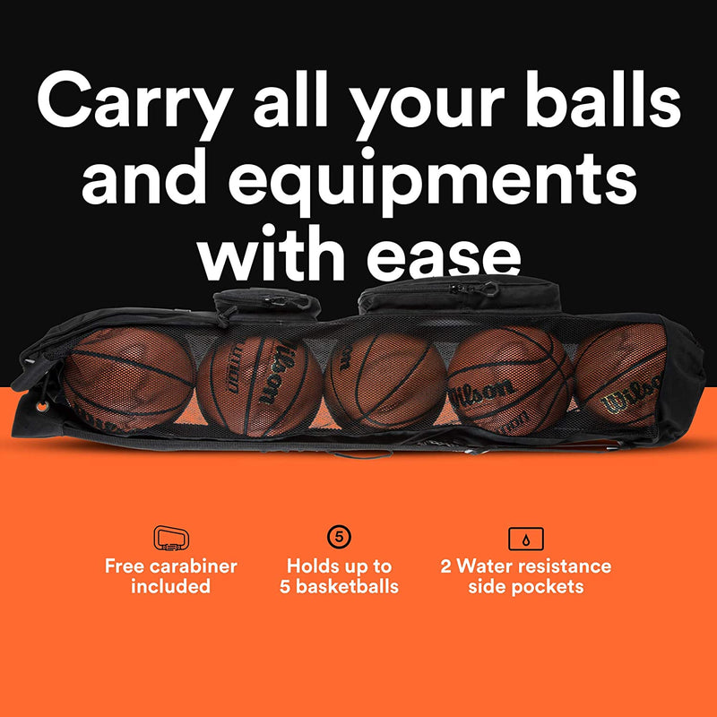 Fitdom Heavy Duty XL Basketball Mesh Equipment Ball Bag W/ Shoulder Strap Design for Coach with 2 Front Pockets for Coaching & Sport Accessories. This Team Tube Carrier Can Store up to 5 Basketballs
