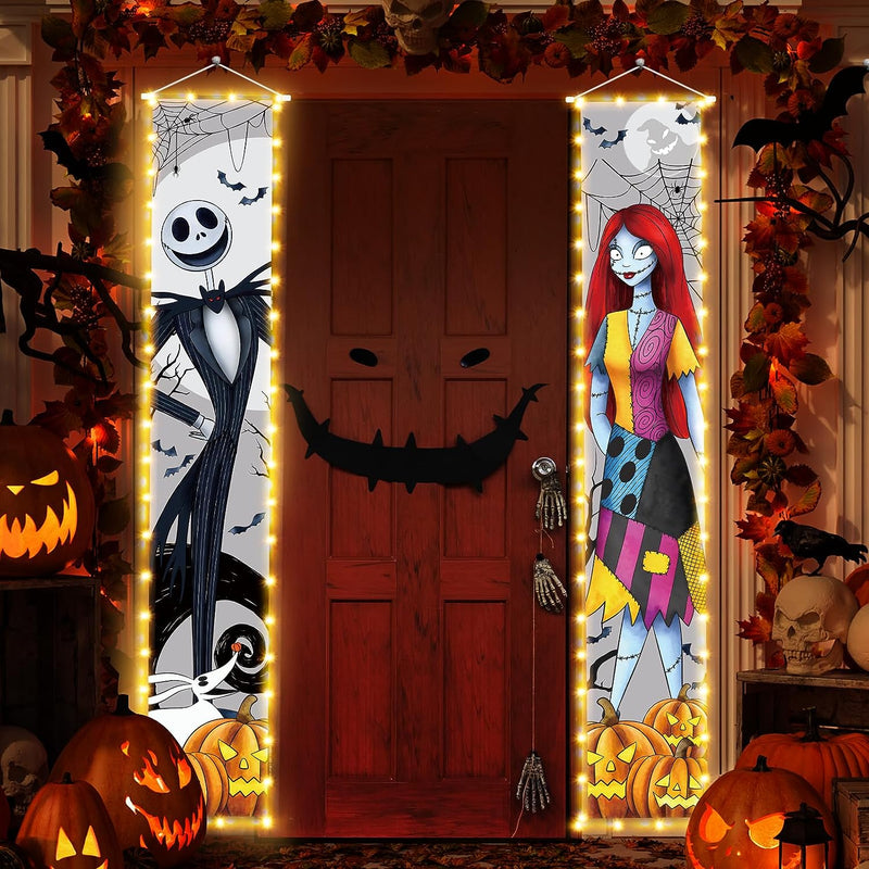 Jack Sally Lighted Banners Porch Signs Halloween Decor Christmas Nightmare Banner Halloween Decorations Outdoor Party Banner  Tivee   