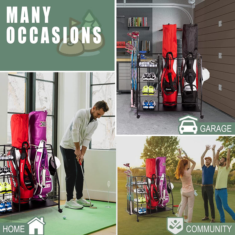 Staransun Golf Storage Rack - Golf Bag Organizer - Garage Storage for Golf Equipment with Side Golf Clubs Holder - Extra Large Golf Bag Stand for 2 Golf Bags and Golf Accessories - Easy Assemble