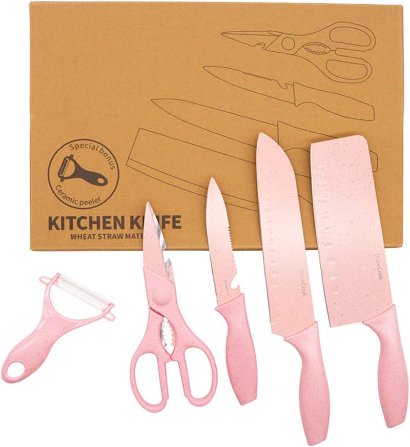 Kitchen Knife Set Pink - 5 Piece Cooking Knives, Non-Stick and Sharp Chef Knife Sets for Kitchen Cutting Meat, Scissors and Ceramic Peeler for Slicing, Paring Fruits and Vegetables Home & Garden > Kitchen & Dining > Kitchen Tools & Utensils > Kitchen Knives N/H   