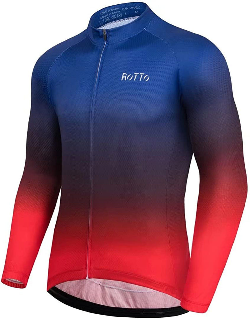 ROTTO Cycling Jersey Mens Bike Shirt Long Sleeve Gradient Color Series Sporting Goods > Outdoor Recreation > Cycling > Cycling Apparel & Accessories ROTTO 04 Navy-red X-Large 