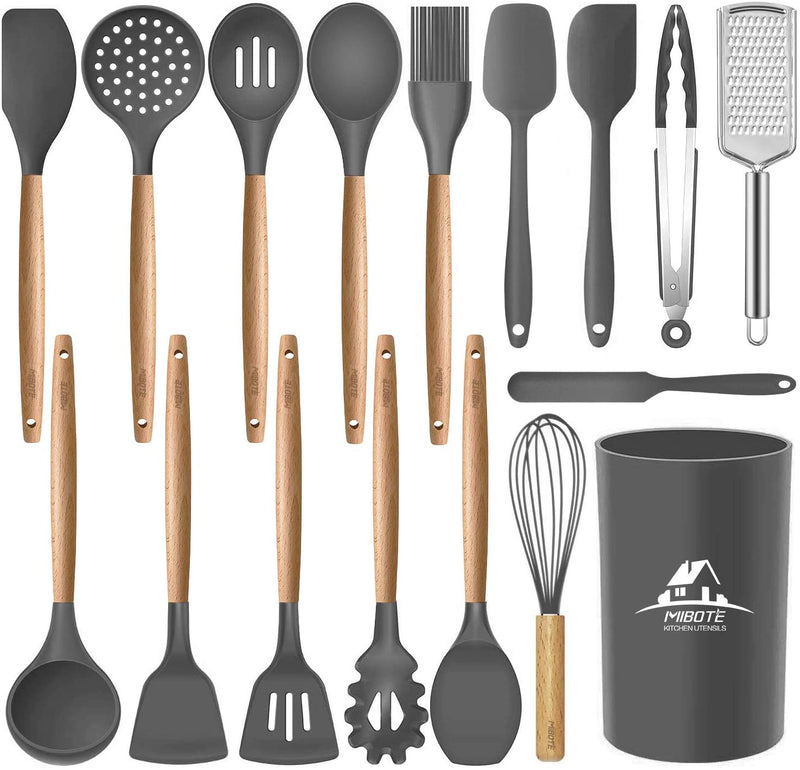 MIBOTE 17 Pcs Silicone Cooking Kitchen Utensils Set with Holder, Wooden Handles Cooking Tool BPA Free Turner Tongs Spatula Spoon Kitchen Gadgets Set for Nonstick Cookware (Teal) Home & Garden > Kitchen & Dining > Kitchen Tools & Utensils MIBOTE 1-Grey  