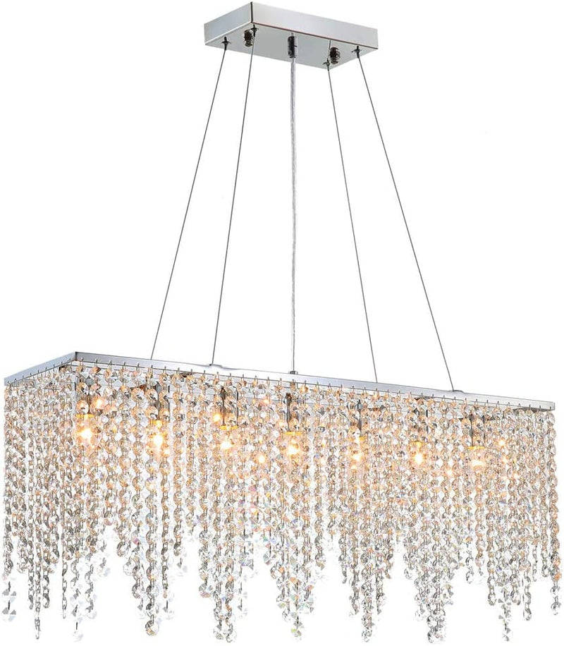 7PM Rectangle Crystal Chandelier Modern Chrome Chandeliers Contemporary Raindrop Hanging Lighting Fixture for Dining Room Kitchen Island 60 Inch Home & Garden > Lighting > Lighting Fixtures > Chandeliers 7PM L31.5''  