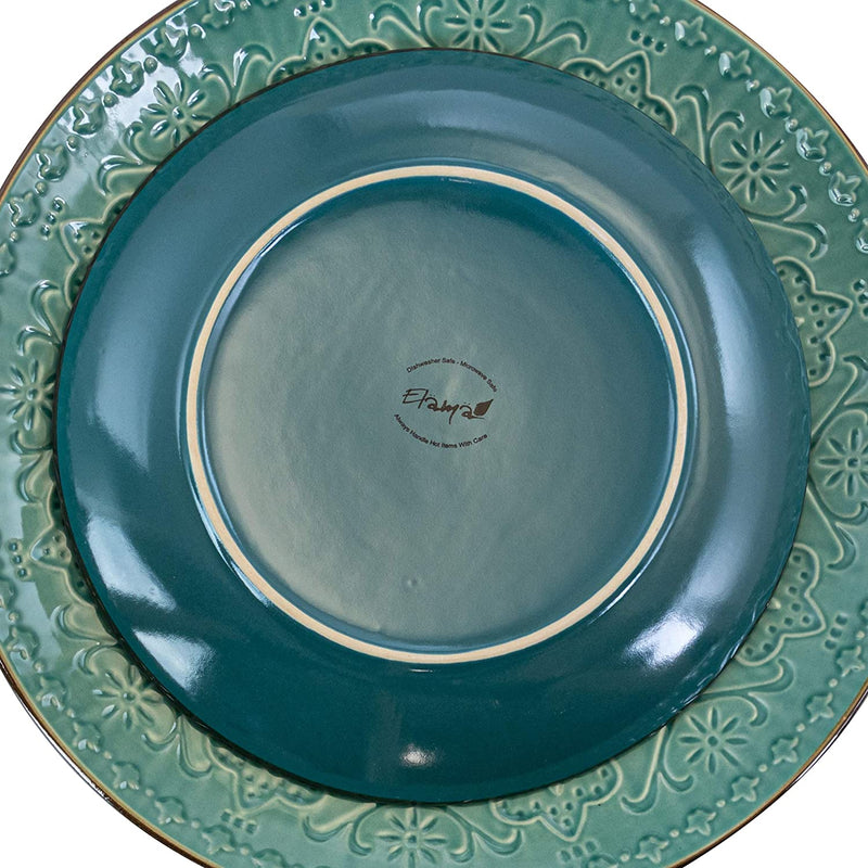 Elama round Stoneware Embossed Dinnerware Dish Set, 16 Piece, Ocean Teal and Green