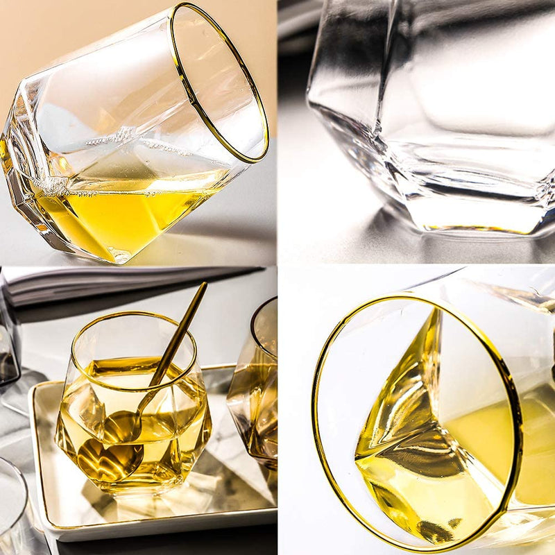 Diamond Whiskey Glasses, Set of 4 Rocks Glasses Gold Banded Cocktail Drinkware for Rum, Scotch, Bourbon or Wine Glasses, Tumblers Old Fashion Elegant Glass Father'S Day Gift for Dad Husband Men Family