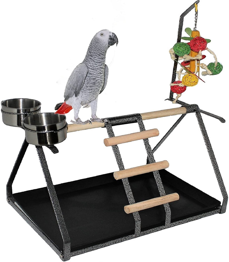 Parrot Bird Perch Table Top Stand Metal Wood 2 Steel Cups Play for Medium and Large Breeds 17.5" X 12.5" X 11" Animals & Pet Supplies > Pet Supplies > Bird Supplies OasisPlus, LLC   