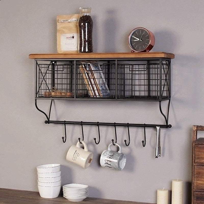 Industrial Wall Mounted Metal Wood Shelf with Baskets Hooks Hanging Storage Rack Display Shelf Sundries Holder for Coffee Bar Kitchen Office Bathroom Organization and Home Decor, Black Home & Garden > Household Supplies > Storage & Organization Ctystallove   