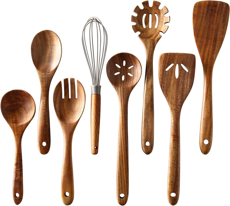 Healthy Cooking Utensils Set,Tmkit Wooden Cooking Tools and Storage Wooden Barrel- Natural Nonstick Hard Wood Spatula and Spoons - Durable Eco-Friendly and Safe Kitchen Cooking Spoon (Set of 6)