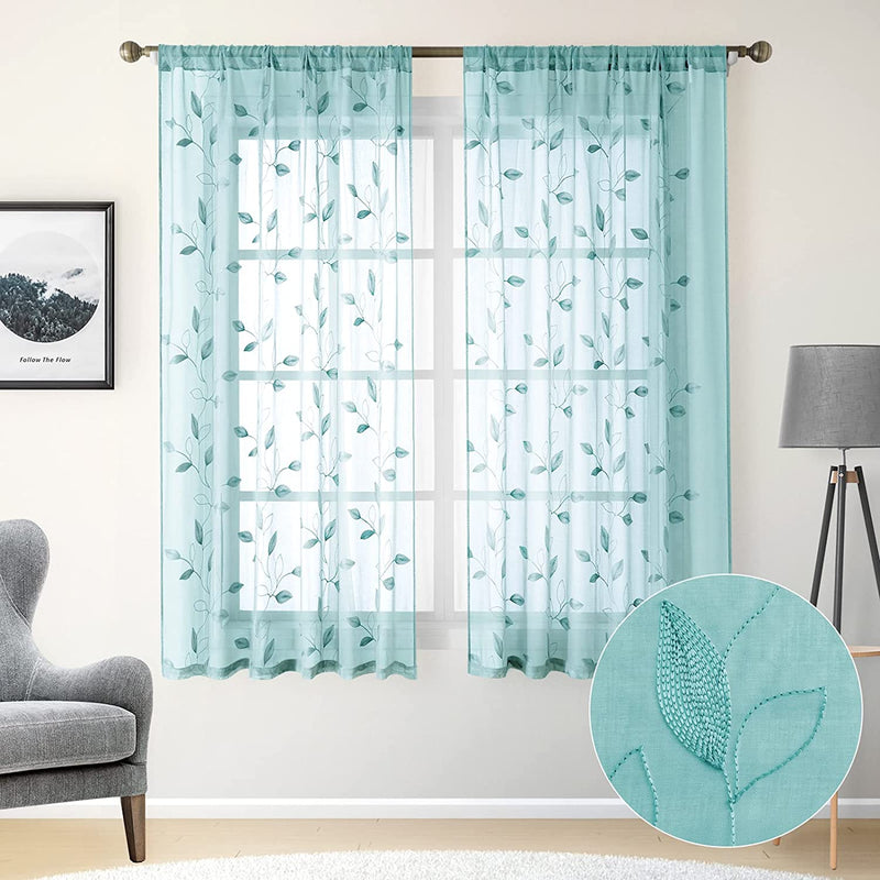HOMEIDEAS White Sheer Curtains 52 X 63 Inches Length 2 Panels Embroidered Leaf Pattern Pocket Faux Linen Floral Semi Sheer Voile Window Curtains/Drapes for Bedroom Living Room Home & Garden > Decor > Window Treatments > Curtains & Drapes HOMEIDEAS 5-turquoise W52" X L63" 