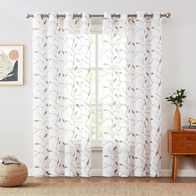 Lazzzy Embroidered Sheer Curtains Floral Leaf Voile Curtain for Living Room Bedroom Farmhouse White Sheer Drapes 84 Inches Length Light Diffusing Window Treatment Set of 2 Panels Gold on White Home & Garden > Decor > Window Treatments > Curtains & Drapes Lazzzy   