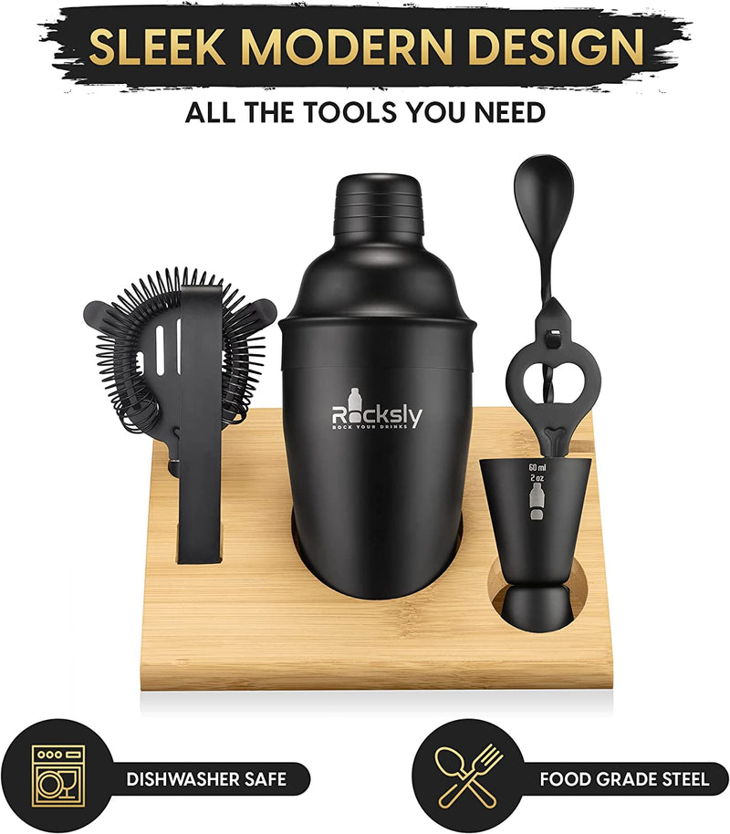 ROCKSLY Mixology Bartender Kit and Cocktail Shaker Set for Drink Mixing | Mixology Set with 6 Bar Set Tools and Bamboo Stand Makes It the Perfect Home Cocktail Kit | Complete Bartender Kit (Black) Home & Garden > Kitchen & Dining > Barware ROCKSLY   