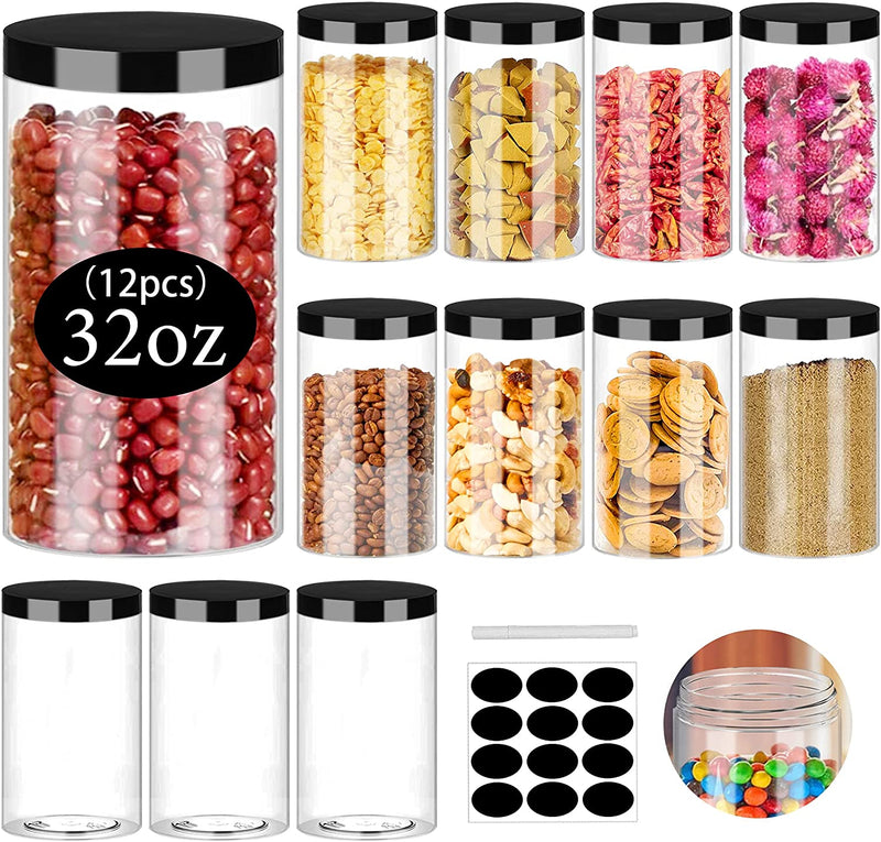 Plastic Jar with Lids 16Oz Clear Empty Containers 16Pcs Straight Cylinders Storage Jars with Airtight Black Lid Stackable Refillable round Plastic Jars for Kitchen Food & Home Storage Home & Garden > Decor > Decorative Jars SLifeJars 32OZ 12Pack  