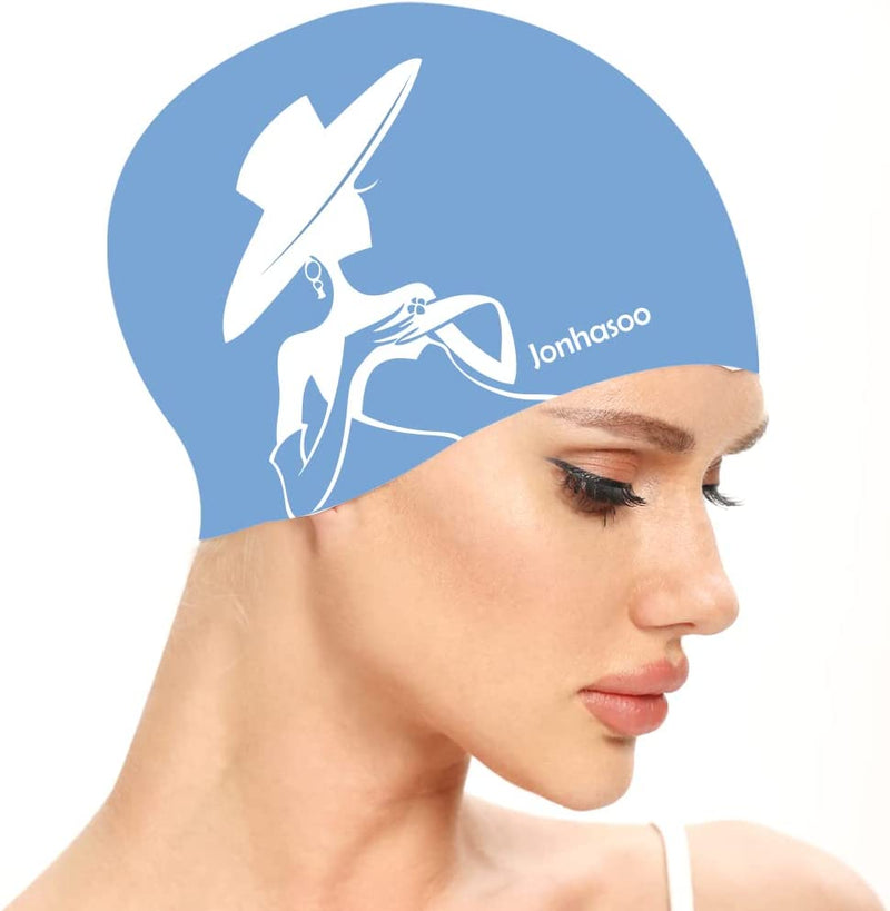 Jonhasoo Silicone Swim Cap for Women, Waterproof Long Hair Swimming Caps with Silhouette Printed Sporting Goods > Outdoor Recreation > Boating & Water Sports > Swimming > Swim Caps LEHE Blue  