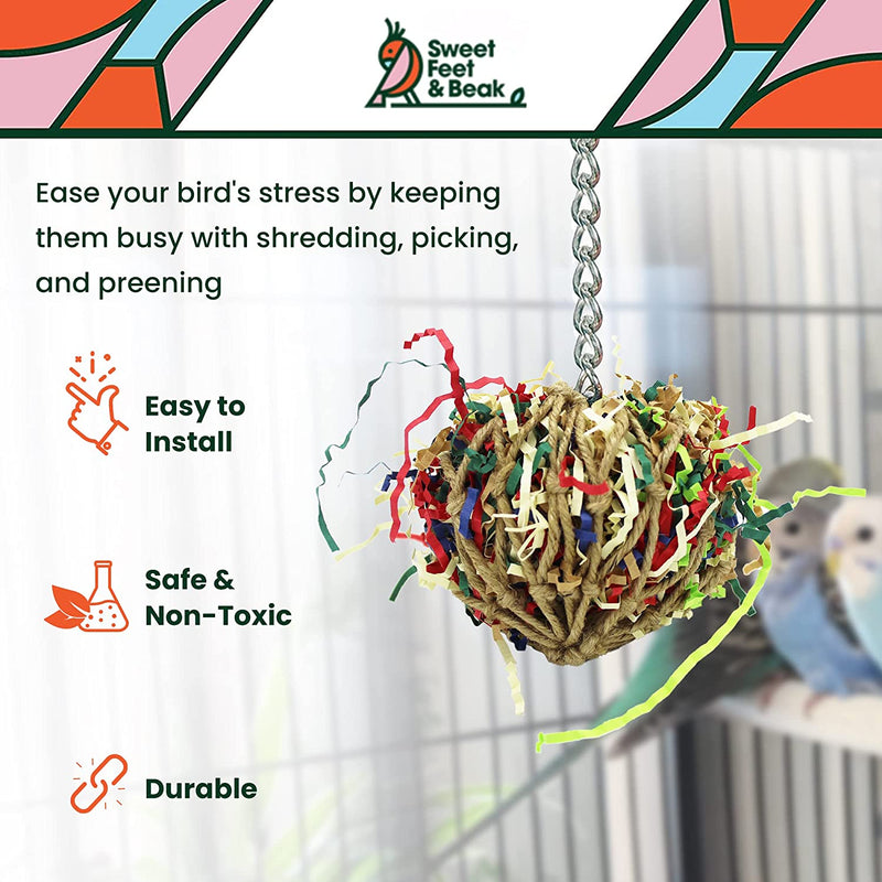 Sweet Feet and Beak Super Shredder Ball - Bird Toys Cage Accessories, Keep Your Birds Foraging for Treasures, Non-Toxic Toys for Birds Big and Small, Shredder Toy Birds Will Love Parrot to Finches