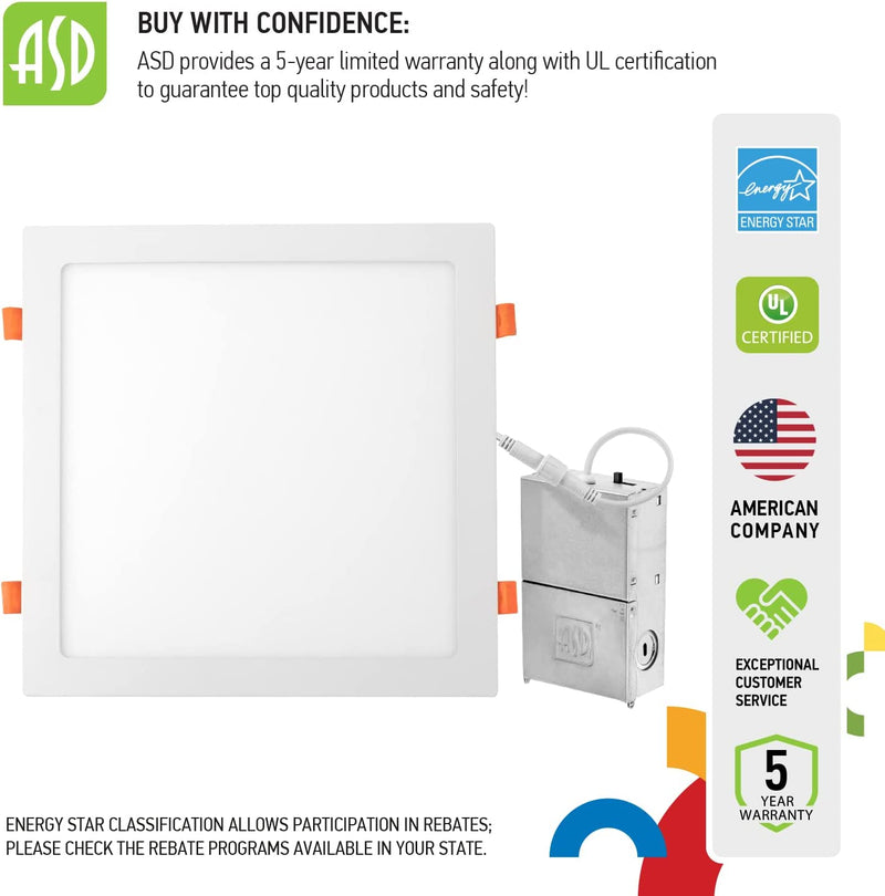 ASD 12 Inch Ultra Thin LED Square Recessed Lighting, 5 CCT 2700K-5000K Selectable, 24W 90W Eqv, Dimmable Canless LED Ceiling Square Downlight with J-Box, 2152Lm High Brightness - UL Energy Star Home & Garden > Lighting > Flood & Spot Lights ASD Lighting Corp   