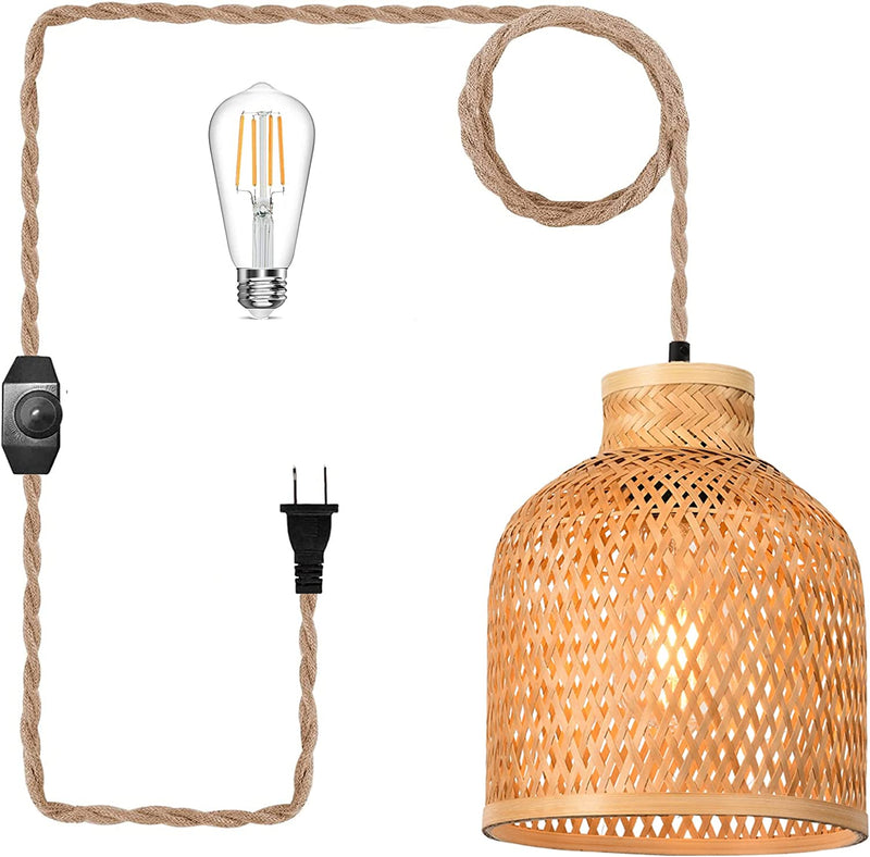 ZECOXOL Plug in Pendant Light Rattan Hanging Lights with Plug in Cord，Dimmable Switch,Hanging Lamp with Bamboo Woven Wicker Lamp Shade,Boho Plug in Ceiling Light Fixtures for Kitchen,Bedroom Home & Garden > Lighting > Lighting Fixtures ELY201 Bamboo=7.3IN  