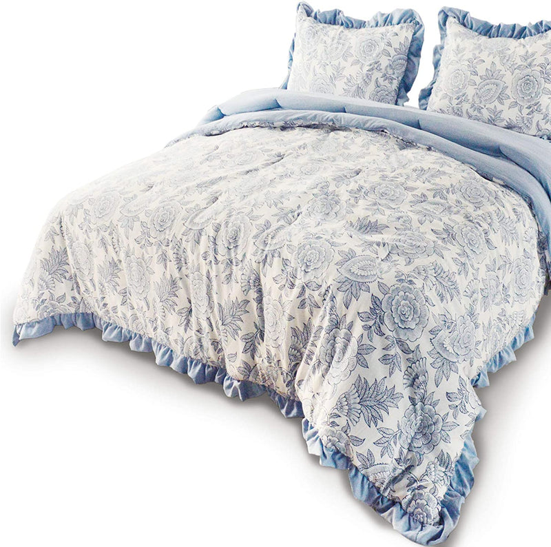 DOMDEC 3-Piece Quilted Comforter Set Washed Microfiber Shell down Alternative Fill Stylish Ruffled Edge Machine Washable Bedspread(King Size + 2 Pillow Shams, Green) Home & Garden > Linens & Bedding > Bedding > Quilts & Comforters Domdec Home Fashions LLC Floral Blue Full/Queen Set 